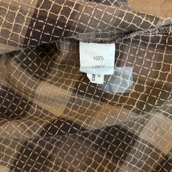 Language of the Birds Women Linen Top Size S Brown Plaid Stitched Lagenlook Boho - Picture 7 of 12